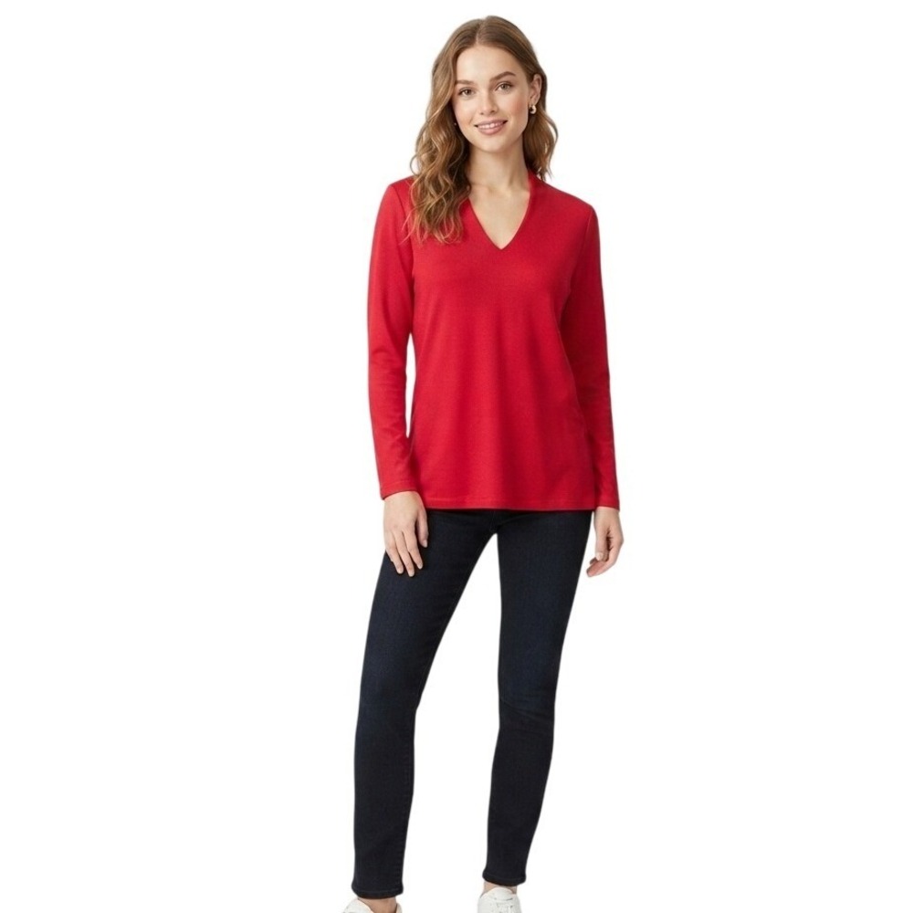 Chico's Women's Size 0 Small Red V-Neck Red Pima Cotton Long Sleeve Blouse Tops